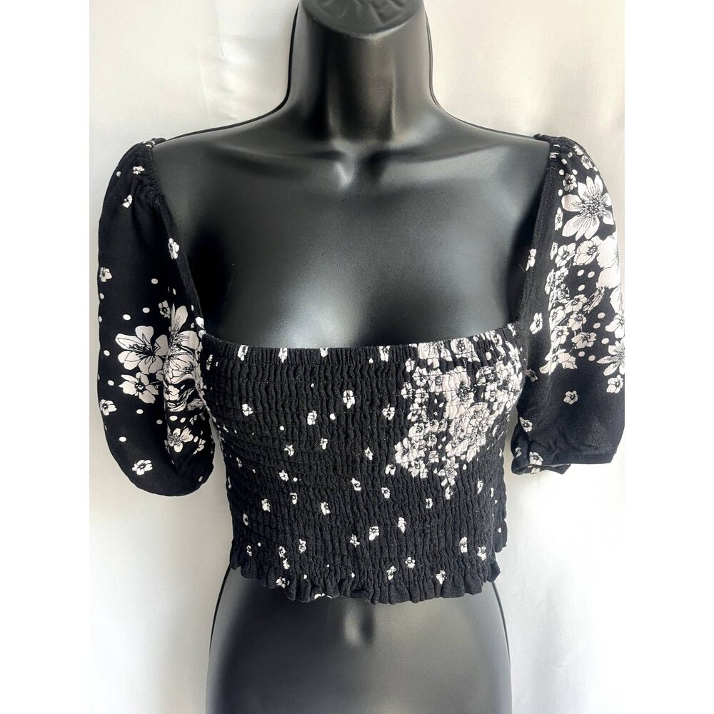 Free People Bare With Me Crop Top Floral Size 10 Cottagecore Prairie Black Cute